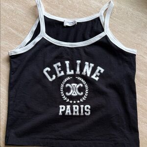 Celine Black Tank Top with White Trim and Logo